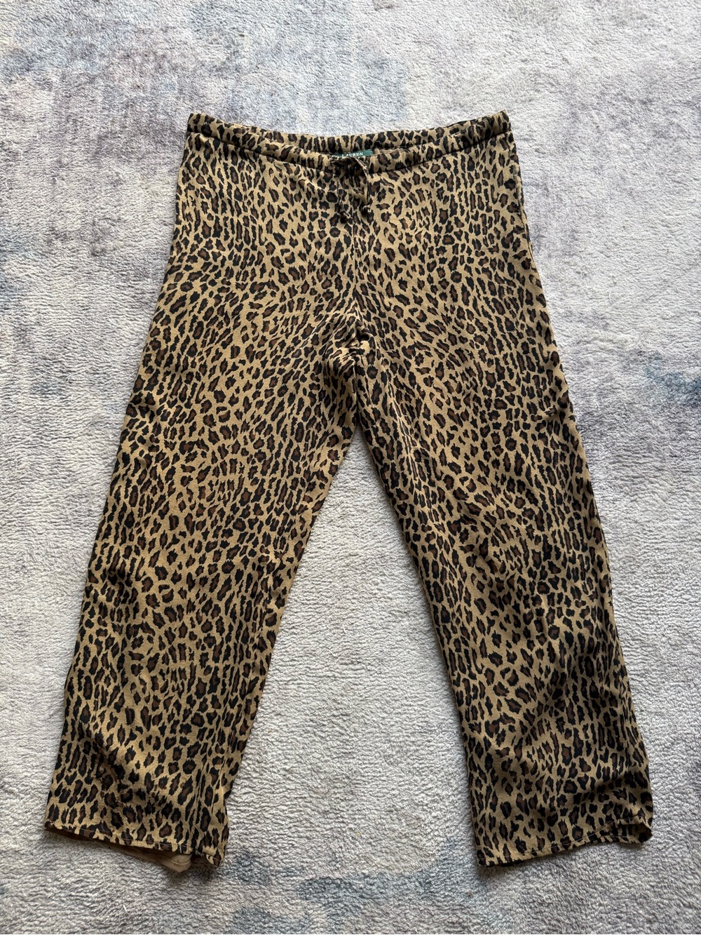 Ralph Lauren Silk Leopard Animal Print Wide Leg Flowy Tie Waist Pants XL Y2K